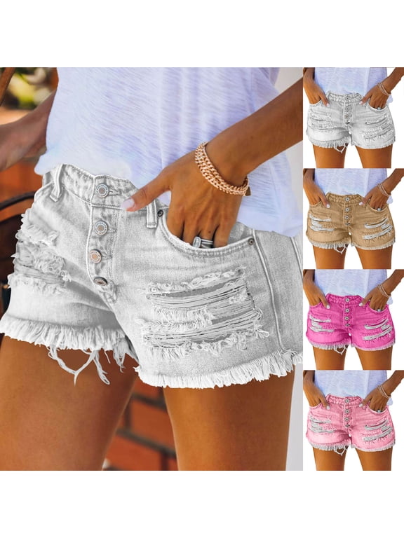 Button Fly Jean Shorts for Women Trendy Ripped Denim Shorts High Waist Frayed Hem Shorts Summer Casual Streetwear Jorts with Pockets Khaki S