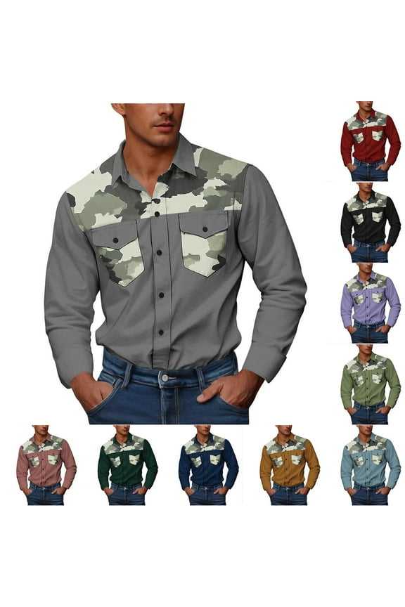 Button Down Shirs for Men Long Sleeve Camo Color Block Casual Shirt Big and Tall Camouflage Print Cargo Shirts Western Cowboy Work Shirt Purple 4XL
