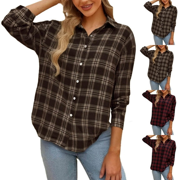 UVEASISHA Button Down Shirt for Women Casual Long Sleeve Plaid Shirts Vintage Gingham Lightweight Shacket Casual Business Blouse Coffee S