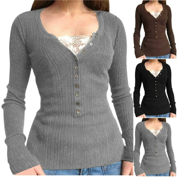 UVEASISHA Button Up Shirts for Women Lace Trim Long Sleeve Knit Top Slim Fit Y2K Crop Tops Liquidación de otoño Coffee S