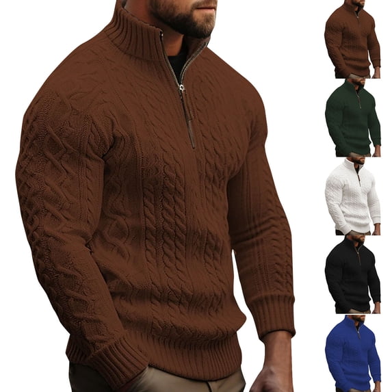 UVEASISHA Cable Knit Quarter Zip Sweater Men Stretchy Slim Fit Thermal Sweaters Solid Color Zipper Stand Collar Knitted Pullover Tops Blue L