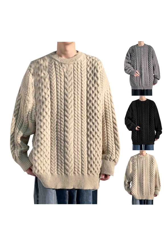 Cable Knit Sweaters for Men Loose Fit Casual Crewneck Knitted Jumper Tops Soft Comfy Pullover Sweater Fashion Fall Winter Clothes Black M