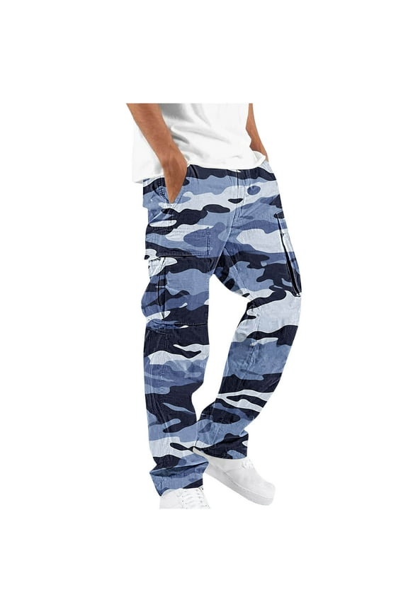 Camo Cargo Pants for Men Relaxed Fit Jogging Sweat Pants Drawstring Athletic Workout Pants with Pockets Light Blue M