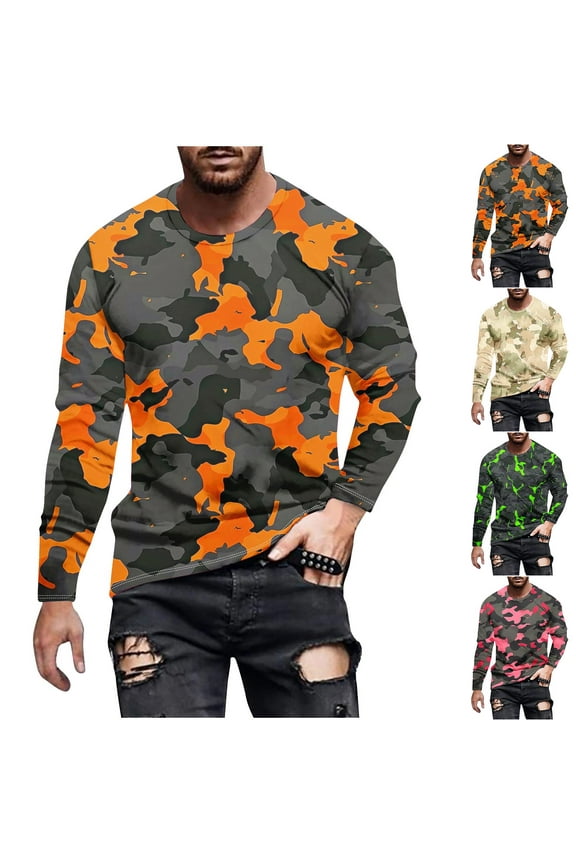 Camo Graphic Tees for Men Long Sleeve Crewneck Camouflage T-Shirts Big and Tall Casual Loose Workout Shirt Soft Stretchy Gym Athletic Tops On Sale Khaki XXXL
