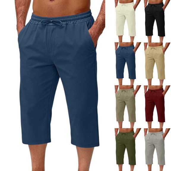 UVEASISHA Capri Pants for Men Below Knee Straight Leg Cropped Pants 3/4 Length Casual Golf Pants Drawstring Elastic Waist Loose Trousers with Pockets Navy M