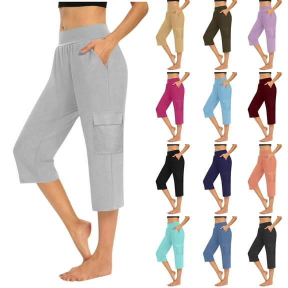 UVEASISHA Capri Pants for Women Smocked High Waisted Stretch Yoga Capris Summer Casual Workout Cropped Pants with Cargo Pockets Ahorros de verano Dark Gray S