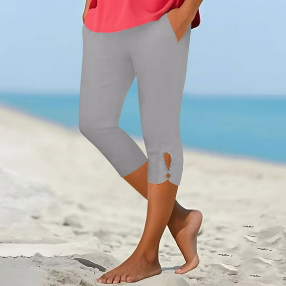 UVEASISHA Capri Pants with Pockets for Women Solid Casual Hollow Out Cropped Pants High Waist Yoga Leggings Gray S