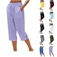 thumbnail image 1 of UVEASISHA Capris Pants for Women Summer Casual Linen Capri Pants Elastic Waist Cropped Trousers Straight Leg Loose Slacks with Pockets and Slit Hem Purple L, 1 of 8