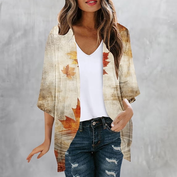 UVEASISHA Cardigan for Women Chiffon 3/4 Sleeve Vintage Floral Kimono Cardigan Boho Casual Beach Cover Ups Multicolor#4 L