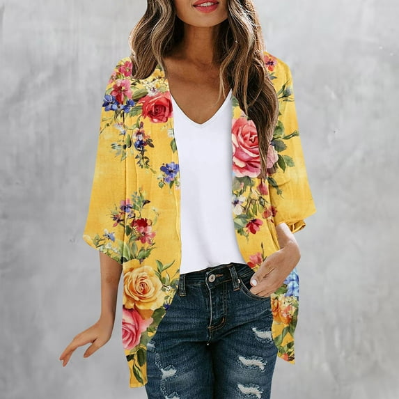 UVEASISHA Cardigan for Women Chiffon 3/4 Sleeve Vintage Floral Kimono Cardigan Boho Casual Beach Cover Ups Multicolor#5 L