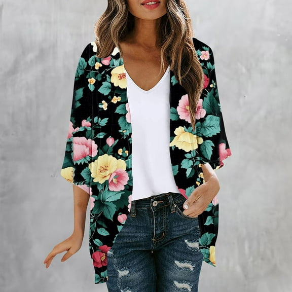 UVEASISHA Cardigan for Women Chiffon 3/4 Sleeve Vintage Floral Kimono Cardigan Boho Casual Beach Cover Ups Multicolor#9 M