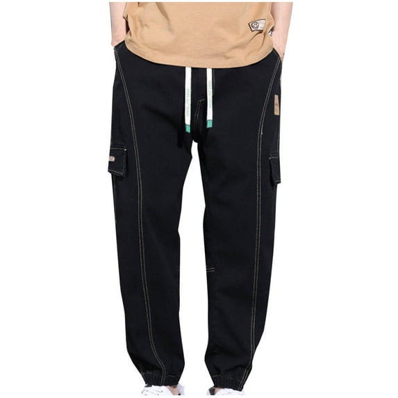 UVEASISHA Cargo Jean Pants for Men Big and Tall Tapered Denim Pants Relaxed Fit Drawstring Jogging Sweat Pants with Pockets Black L