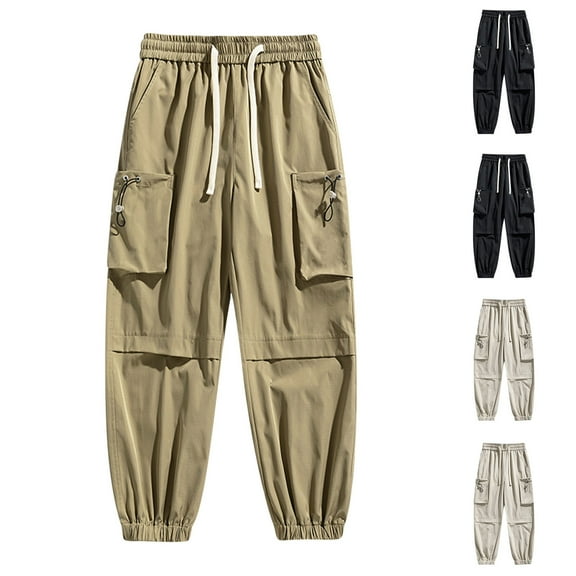UVEASISHA Cargo Pants for Men Big and Tall Drawstring Sweatpants Elastic Waist Casual Jogger Pants Multi Pocket Fashion Tapered Trousers Beige L
