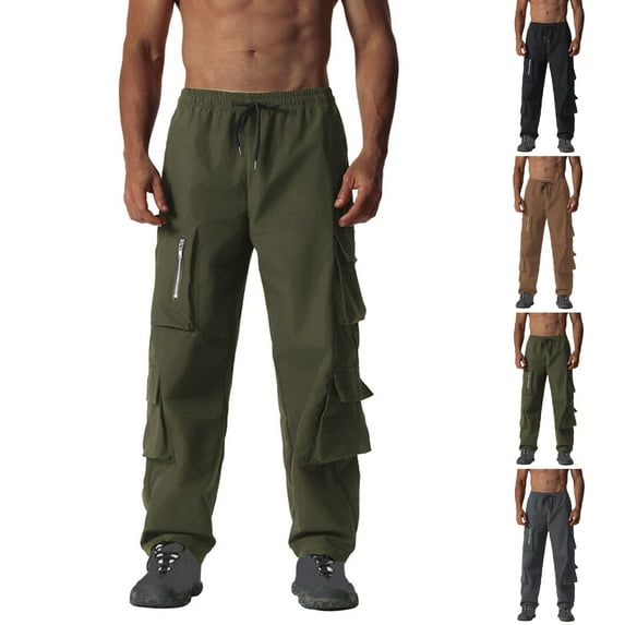UVEASISHA Cargo Work Pants for Men Relaxed Fit Drawstring Sweatpants Multi Pocket Vintage Jogger Pants Elastic Waist Straight Leg Trousers Army Green M