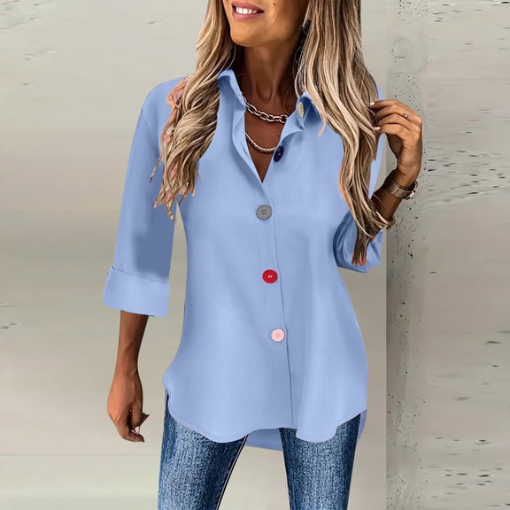 UVEASISHA Casual Business Tops for Women Long Sleeve Lapel Button Down Shirts Regular Fit Office Work Blouse Light Blue M