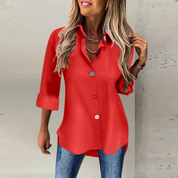 UVEASISHA Casual Business Tops for Women Long Sleeve Lapel Button Down Shirts Regular Fit Office Work Blouse Red XL