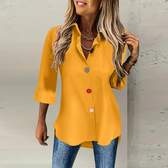 UVEASISHA Casual Business Tops for Women Long Sleeve Lapel Button Down Shirts Regular Fit Office Work Blouse Yellow M