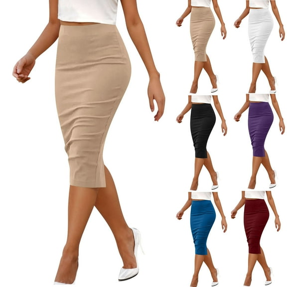 UVEASISHA Casual Business Work Skirt for Women High Waist Below Knee Pencil Skirts Slim Fit Side Split Bodycon Skirt Wine L