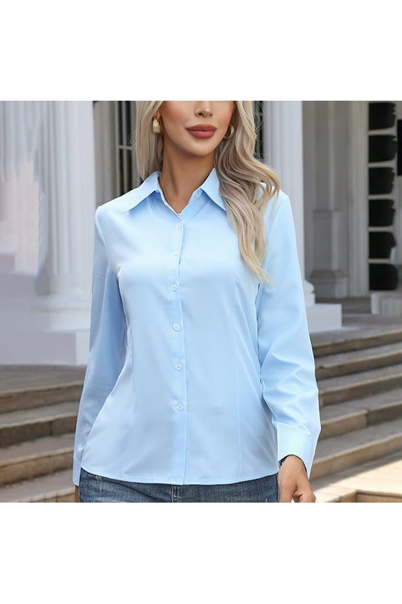 Casual Button Down Shirt for Women Long Sleeve Solid Lapel Dressy Shirt Plus Size Office Work Blouse Blue L