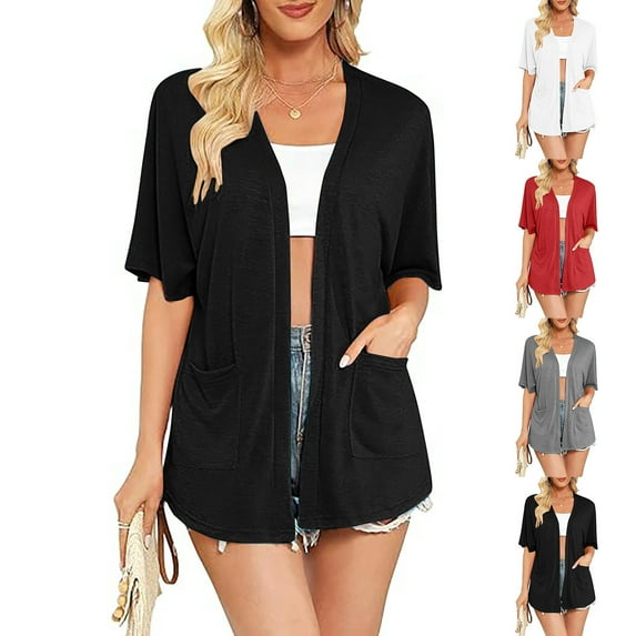 UVEASISHA Casual Cardigans for Women Short Sleeve Lightweight Summer Kimono Cardigan Baggy Comfy Beach Cover Ups with Pockets Red L