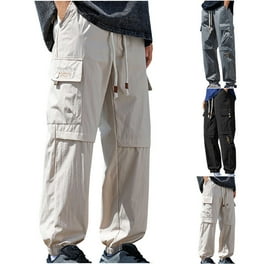Men's Solid Color Wide-Leg Cargo Pants with Drawstring Ankle