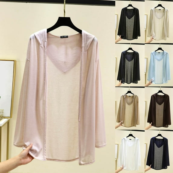 UVEASISHA Casual Hoodie Cardigans for Women Long Sleeve Sheer Open Front Cover Ups Summer Outwear Sun Protection Clothes Light Blue L