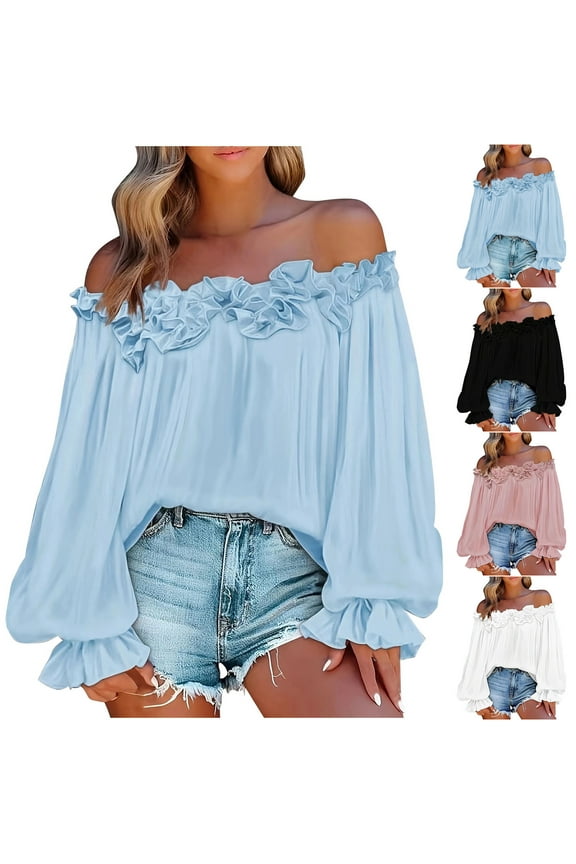 Casual Off Shoulder Tops for Women Long Sleeve Ruffled Flowy Blouse Boho Fall Vacation Clothes White XL
