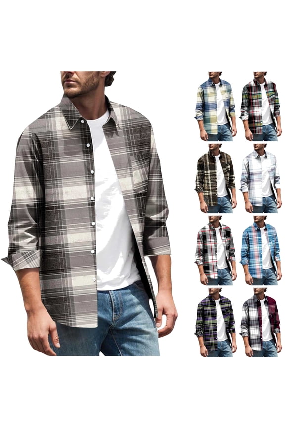 Casual Plaid Shirts Men Long Sleeve Button Down Shirt Fall Fashion Checkered Print Shirts Lightweight Shacket Streetwear Tops with Pocket Navy L