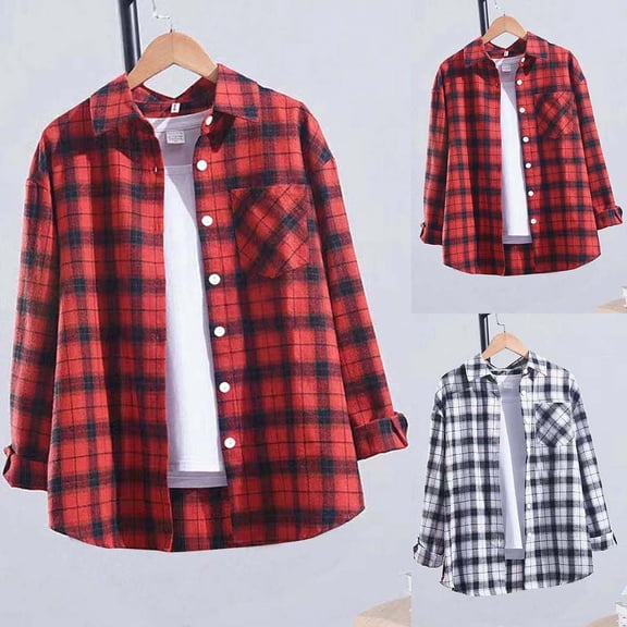 UVEASISHA Casual Plaid Shirts for Women Roll Up Long Sleeve Button Down Shirt Fall Lightweight Shacket Jacket Boyfriend Loose Blouses with Chest Pocket Christmas Gifts Black S
