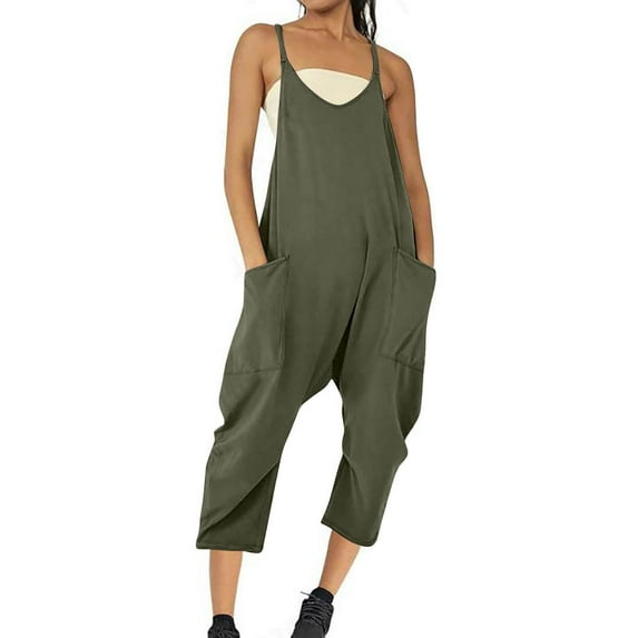 UVEASISHA Casual Rompers for Women Sleeveless V Neck Spaghetti Strap Overalls One Piece Capri Jumpsuits with Pockets Army Green XXL