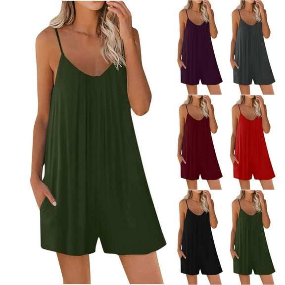 UVEASISHA Casual Sleeveless Jumpsuits for Women Spaghetti Strap Shorts Rompers Summer Loose Loungewear with Pockets Army Green XL