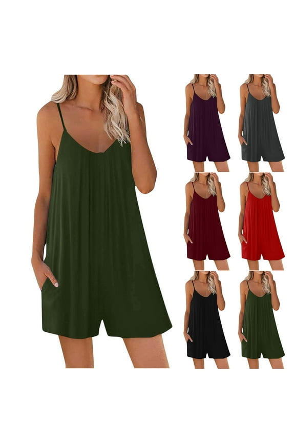Casual Sleeveless Jumpsuits for Women Spaghetti Strap Shorts Rompers Summer Loose Loungewear with Pockets Red S
