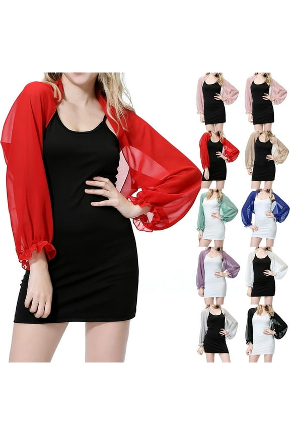 Chiffon Cardigan for Women Long Sleeve Cropped Sun Protection Cardigans Sheer Casual Summer Bolero Shrug Cover Ups Red Free Size