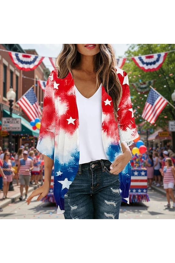 Chiffon Coverups for Women American Flag Graphic 3/4 Sleeve Kimono Cardigans Lightweight Draped Open Front Cardigan Red XL