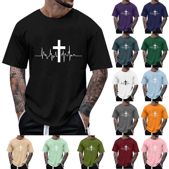 UVEASISHA Christian T Shirts for Men Jesus Cross Print Short Sleeve T-Shirt Summer Casual Crewneck Faith Graphic Tees Loose Fit Pullover Shirt Khaki L