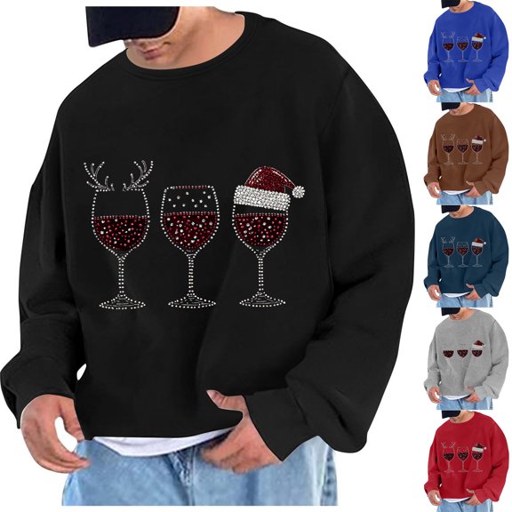 UVEASISHA Christmas Oversized Sweatshirts for Men Xmas Wine Glasses Print Crewneck Pullover Funny Tops Winter Loose Fit Casual Fleece Sweatshirt Sales Today Gray 2XL