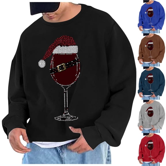 UVEASISHA Christmas Pullover for Men Oversized Crewneck Sweatshirts Fashion Wine Glass Graphic Long Sleeve Tops Xmas Casual Fleece Sweatshirt Gray L