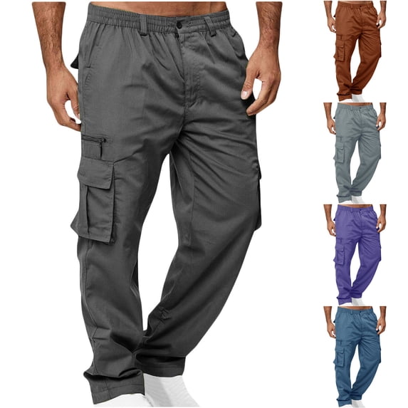 UVEASISHA Mens Outdoor Cargo Pants Summer Straight Loose Hiking Pants Elastic Waist Casual Multiple Pockets Work Pants Solid Color Baggy Pants for Men Purple XL