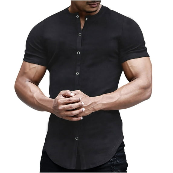 UVEASISHA Men's Muscle Dress Shirts Slim Fit Stretch Banded Collar Short Sleeve Casual Button Down Shirt