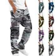 UVEASISHA Clearance Sales Today Mens Camo Wide Leg Pants Straihgt Loose Cargo Pants for Men Elastic Waist Drawstring Pant Outdoor Multi-pocket Hunting Pants Gray XXL