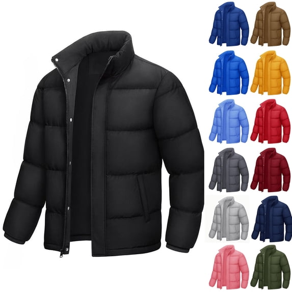 UVEASISHA Down Coats for Men Fashion Full Zip Stand Collar Puffer Jackets Solid Casual Windproof Insulated Parkas Thick Warm Snow Coat with Pockets Pink S