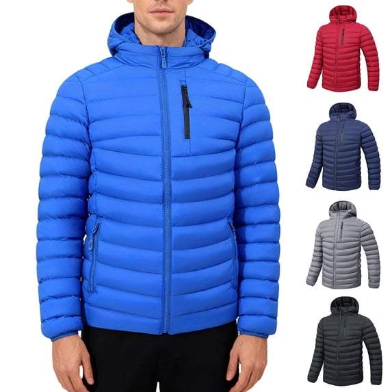 UVEASISHA Down Coats for Men Hiking Windproof Hooded Puffer Jackets Winter Thick Warm Quilted Coat Full Zip Casual Thermal Outerwear with Pockets Red XXL