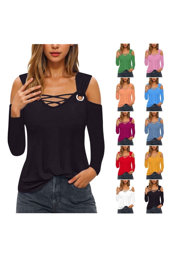 Cold Shoulder Tops for Women Long Sleeve Criss Cross V Neck T Shirt Trendy Party Clubwear Tee Tops Red M