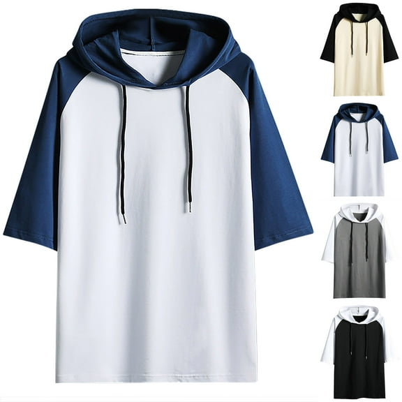 UVEASISHA Color Block Hoodie for Men Big and Tall Short Sleeve Cotton Drawstring Hooded T Shirt Summer Loose Casual Hoodies Gray M