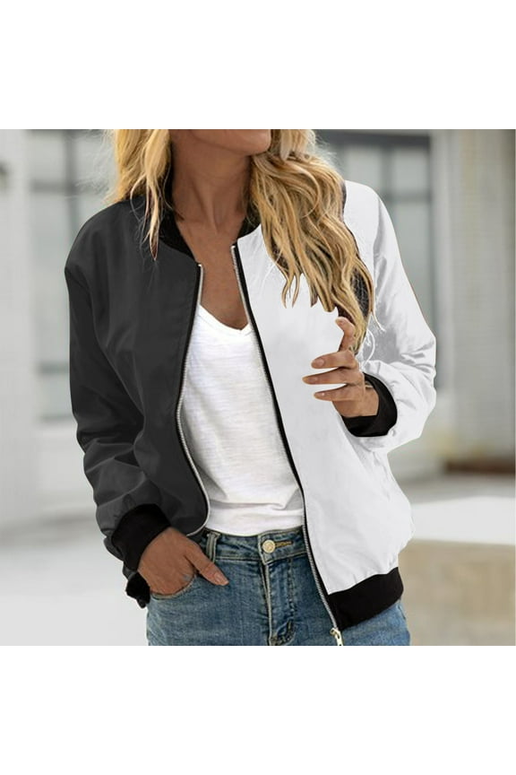 Color Block Jacket for Women Fall Trendy Zip Up Bomber Jackets Stand Collar Lightweight Outwear Black XXL
