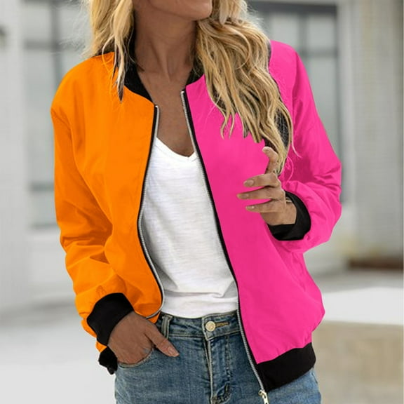 UVEASISHA Color Block Jacket for Women Fall Trendy Zip Up Bomber Jackets Stand Collar Lightweight Outwear Orange S