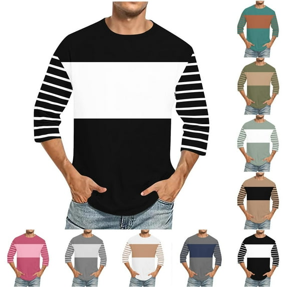 UVEASISHA Color Block Tshirt for Men Striped 3/4 Sleeve Casual Crew Neck T Shirt Big and Tall Comfy Lounge Tee Shirt Pink XL