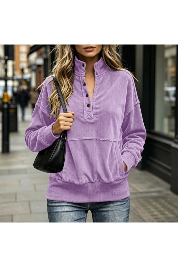 UVEASISHA Corduroy Henley Pullover Sweatshirt for Women Button Down Long Sleeve Cozy Fall CasualTop with Kangaroo Pocket Purple XXL