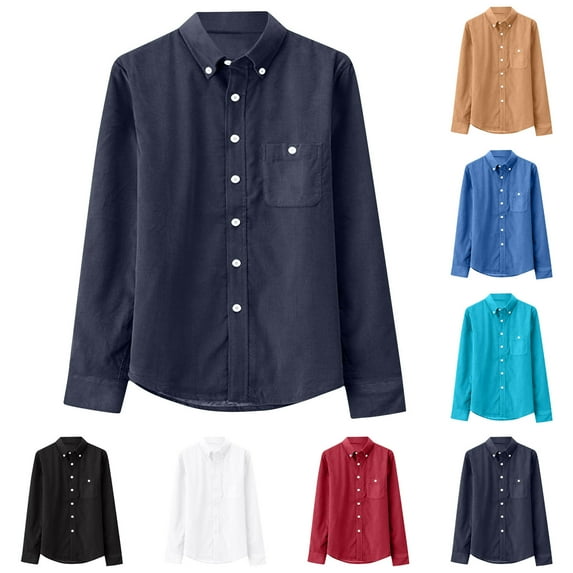UVEASISHA Corduroy Shirts for Men Long Sleeve Button Down Shirt Business Casual Office Shirts Solid Color Vintage Work Shirt with Pocket Navy L