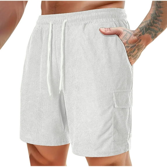 UVEASISHA Corduroy Shorts Mens 5 inch Inseam,Men's Shorts Casual Corduroy Drawstring Elastic Waist Lightweight Summer Beach Shorts Loose Fit White,XL